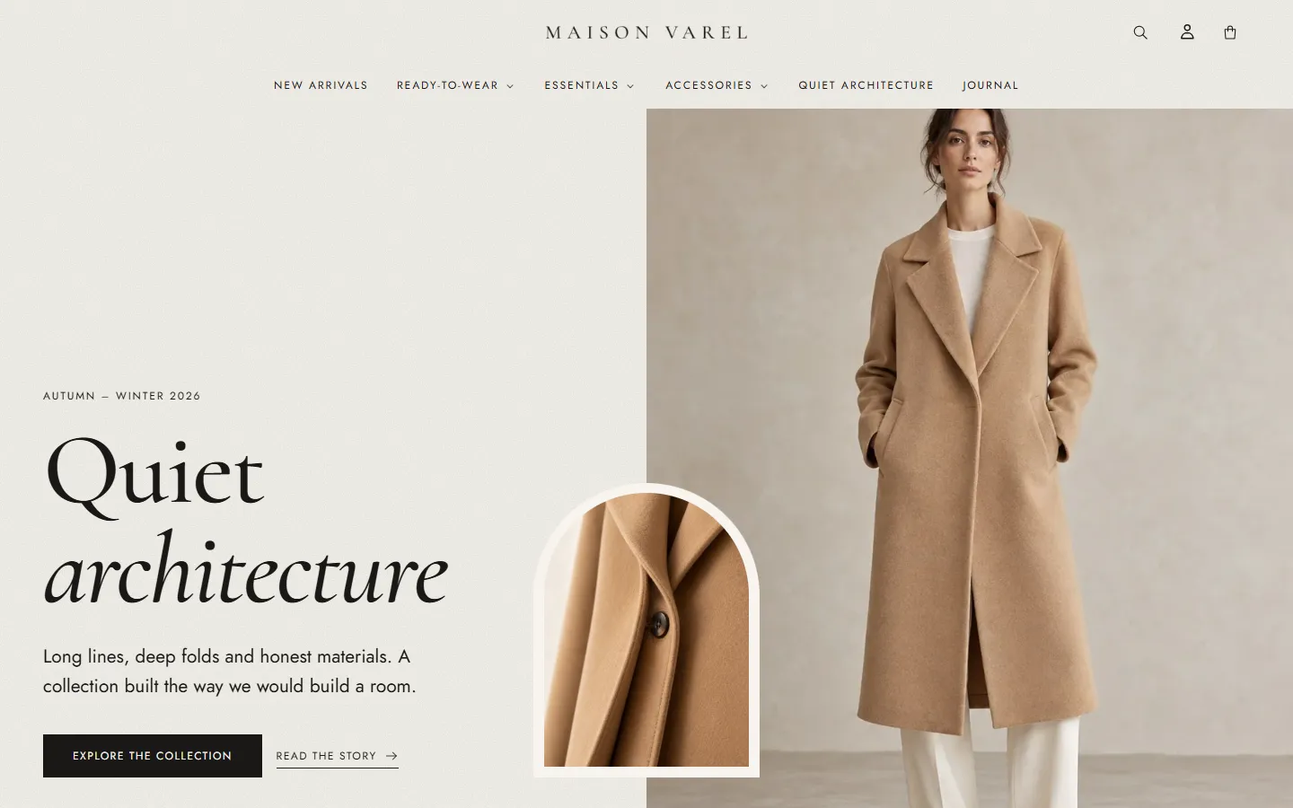The Arcella theme homepage on desktop: a full-height editorial hero with a camel coat and an arched detail image
